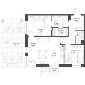 3-к квартира, строящийся дом, 76м2, 3/20 этаж