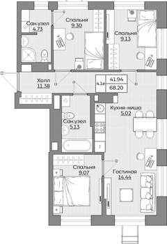 4-к квартира, вторичка, 68м2, 18/24 этаж