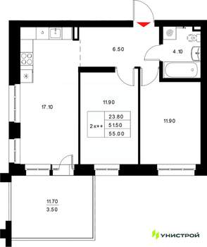 2-к квартира, вторичка, 55м2, 1/22 этаж