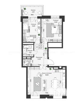 3-к квартира, строящийся дом, 99м2, 4/4 этаж