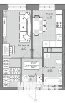 1-к квартира, вторичка, 38м2, 5/19 этаж
