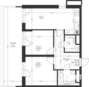 2-к квартира, вторичка, 64м2, 6/25 этаж