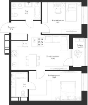 2-к квартира, вторичка, 67м2, 13/23 этаж