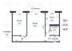 2-к квартира, вторичка, 46м2, 4/5 этаж