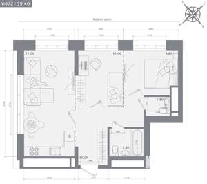 2-к квартира, строящийся дом, 59м2, 18/23 этаж