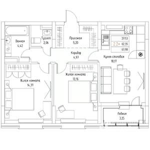 2-к квартира, вторичка, 64м2, 9/9 этаж