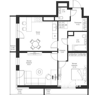 2-к квартира, вторичка, 68м2, 16/24 этаж