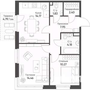 2-к квартира, вторичка, 56м2, 2/17 этаж