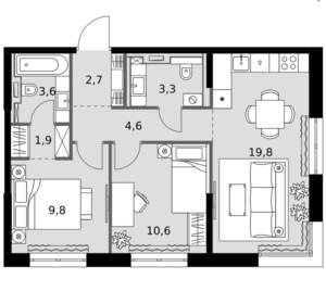 2-к квартира, вторичка, 56м2, 13/20 этаж
