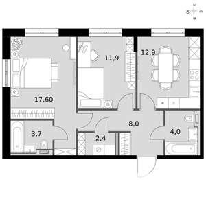 2-к квартира, вторичка, 61м2, 4/19 этаж