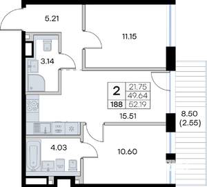 2-к квартира, вторичка, 52м2, 5/8 этаж