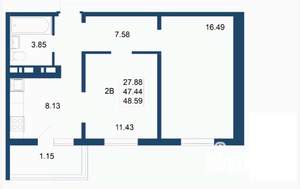 2-к квартира, вторичка, 49м2, 1/19 этаж