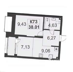 1-к квартира, строящийся дом, 38м2, 4/4 этаж