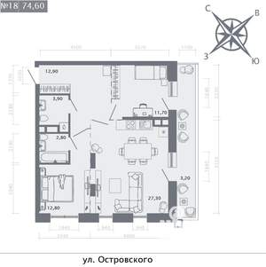2-к квартира, строящийся дом, 75м2, 6/8 этаж