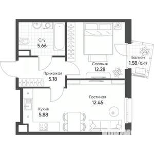 2-к квартира, строящийся дом, 42м2, 7/17 этаж