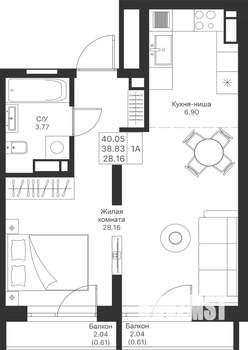 1-к квартира, вторичка, 40м2, 6/24 этаж