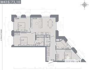 3-к квартира, строящийся дом, 73м2, 6/25 этаж