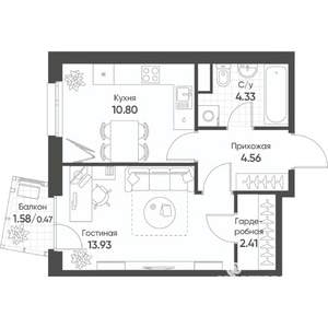 1-к квартира, строящийся дом, 37м2, 16/17 этаж