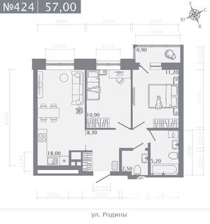 2-к квартира, строящийся дом, 57м2, 14/23 этаж