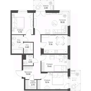 4-к квартира, строящийся дом, 95м2, 20/20 этаж