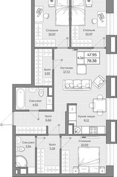 4-к квартира, вторичка, 78м2, 2/24 этаж