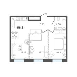 2-к квартира, строящийся дом, 58м2, 4/5 этаж
