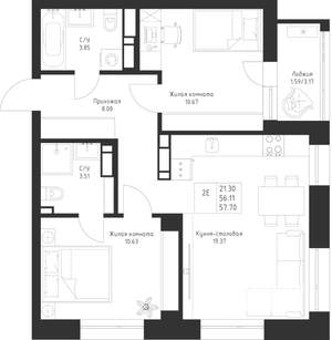 2-к квартира, вторичка, 58м2, 6/23 этаж