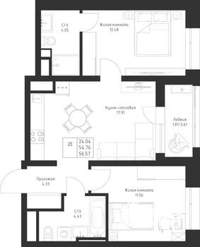 2-к квартира, вторичка, 57м2, 9/23 этаж