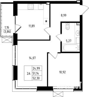 2-к квартира, строящийся дом, 52м2, 15/15 этаж