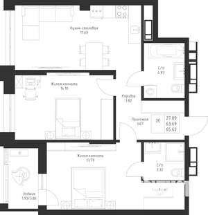 2-к квартира, вторичка, 66м2, 4/23 этаж
