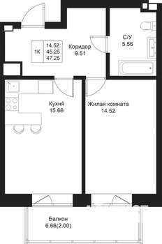 1-к квартира, вторичка, 47м2, 4/5 этаж