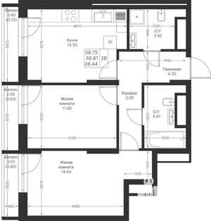 2-к квартира, вторичка, 59м2, 17/25 этаж