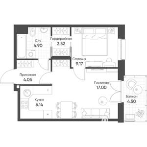 2-к квартира, вторичка, 44м2, 19/19 этаж
