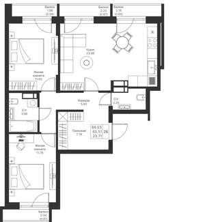 2-к квартира, вторичка, 68м2, 5/24 этаж