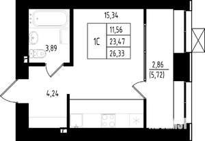 1-к квартира, строящийся дом, 26м2, 5/15 этаж