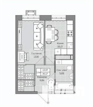 1-к квартира, строящийся дом, 36м2, 12/19 этаж