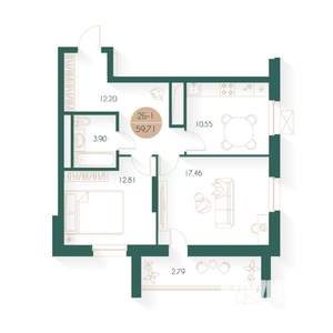 2-к квартира, строящийся дом, 59м2, 15/24 этаж