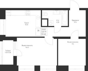 2-к квартира, вторичка, 51м2, 9/23 этаж