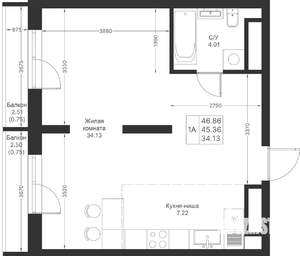 1-к квартира, вторичка, 47м2, 9/25 этаж