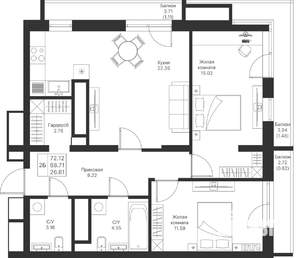 2-к квартира, вторичка, 72м2, 11/24 этаж