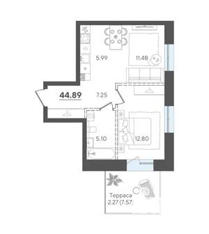 1-к квартира, строящийся дом, 45м2, 2/4 этаж