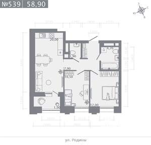2-к квартира, строящийся дом, 59м2, 14/23 этаж