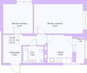 2-к квартира, вторичка, 53м2, 16/25 этаж