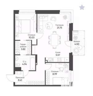 3-к квартира, вторичка, 64м2, 14/19 этаж
