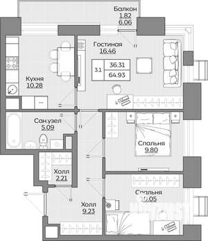 3-к квартира, вторичка, 65м2, 11/19 этаж