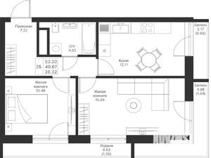 2-к квартира, вторичка, 53м2, 12/25 этаж