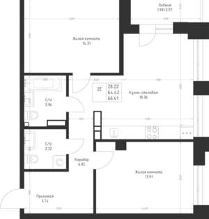 2-к квартира, вторичка, 66м2, 3/23 этаж
