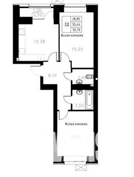 2-к квартира, вторичка, 57м2, 6/15 этаж