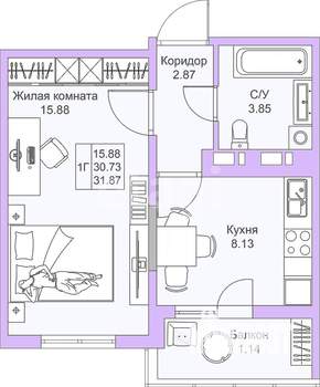1-к квартира, вторичка, 31м2, 4/14 этаж