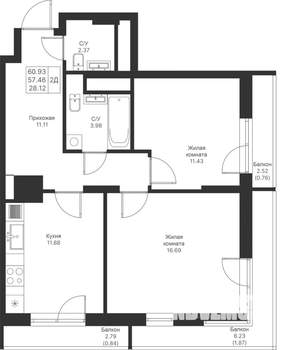 2-к квартира, вторичка, 61м2, 24/25 этаж